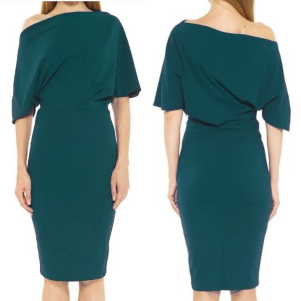 ALEXIA ADMOR NWT Sz M Olivia Draped One shoulder Sheath Dress Teal Green Holiday
